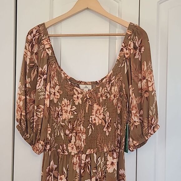 Rip Curl Floral Print Desert Dreams Smocked Poplin Maxi Dress Moss Bronze Size L - Picture 4 of 16